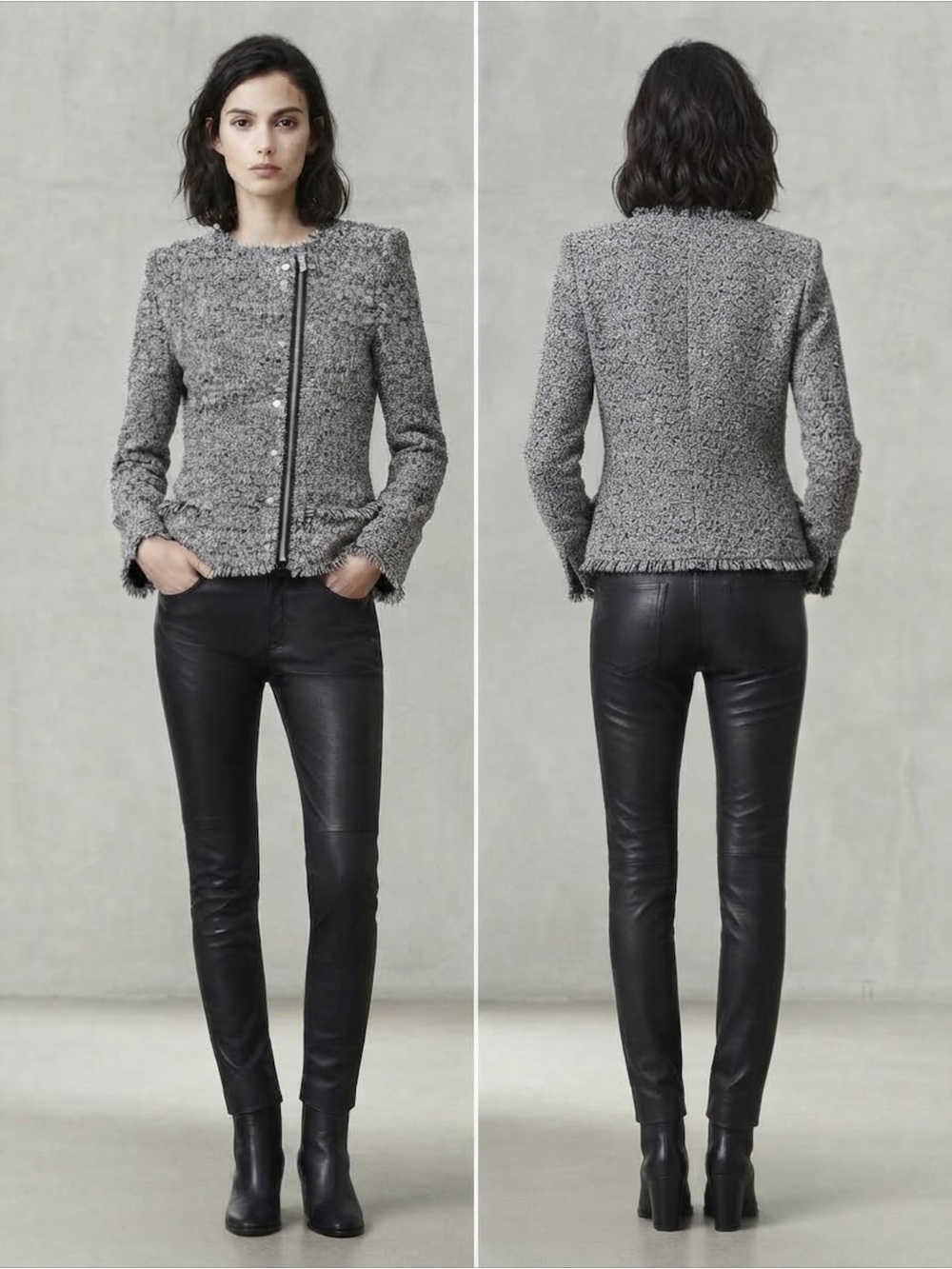 IRO Carlota Black White Tweed Moto Jacket FR 38 US 6 Leather Trim